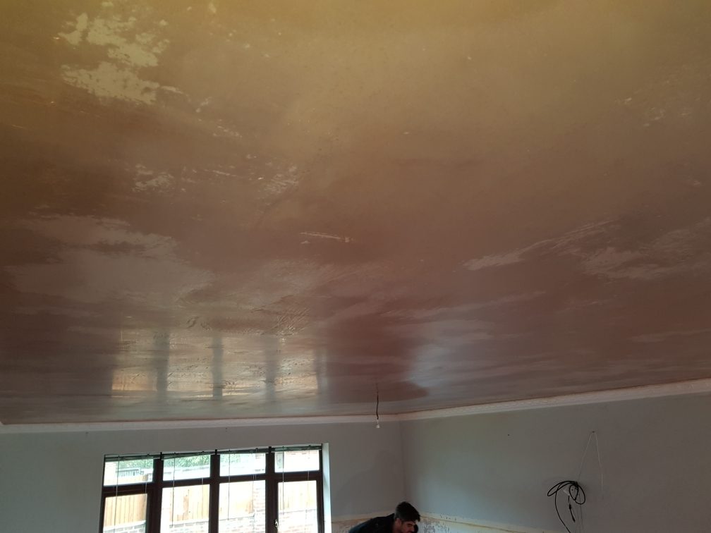 Ceiling plastered over, smooth and still drying